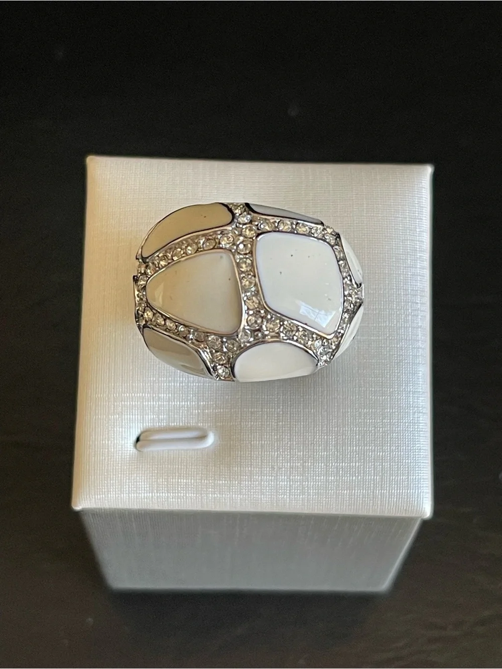 White Enamel and Crystal Dome Ring.